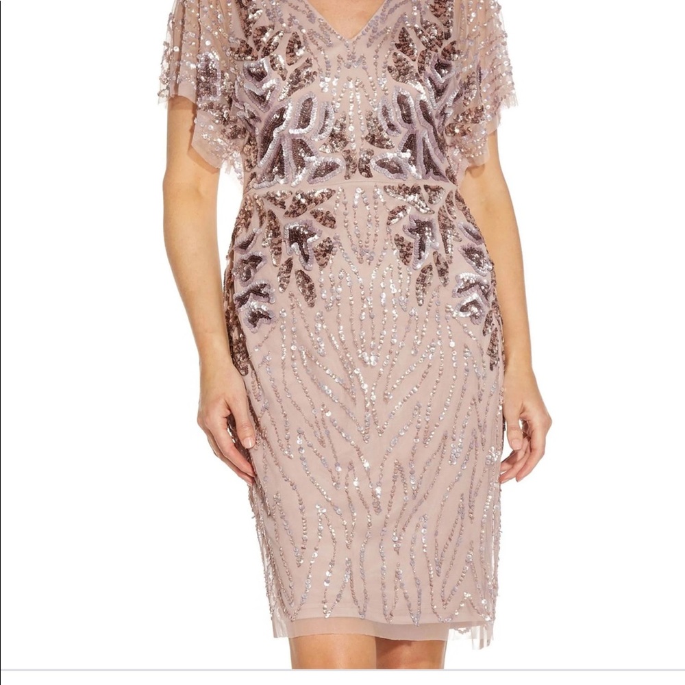 Adrianna Papell V-neck Fluter Sleeve Beaded Dress.